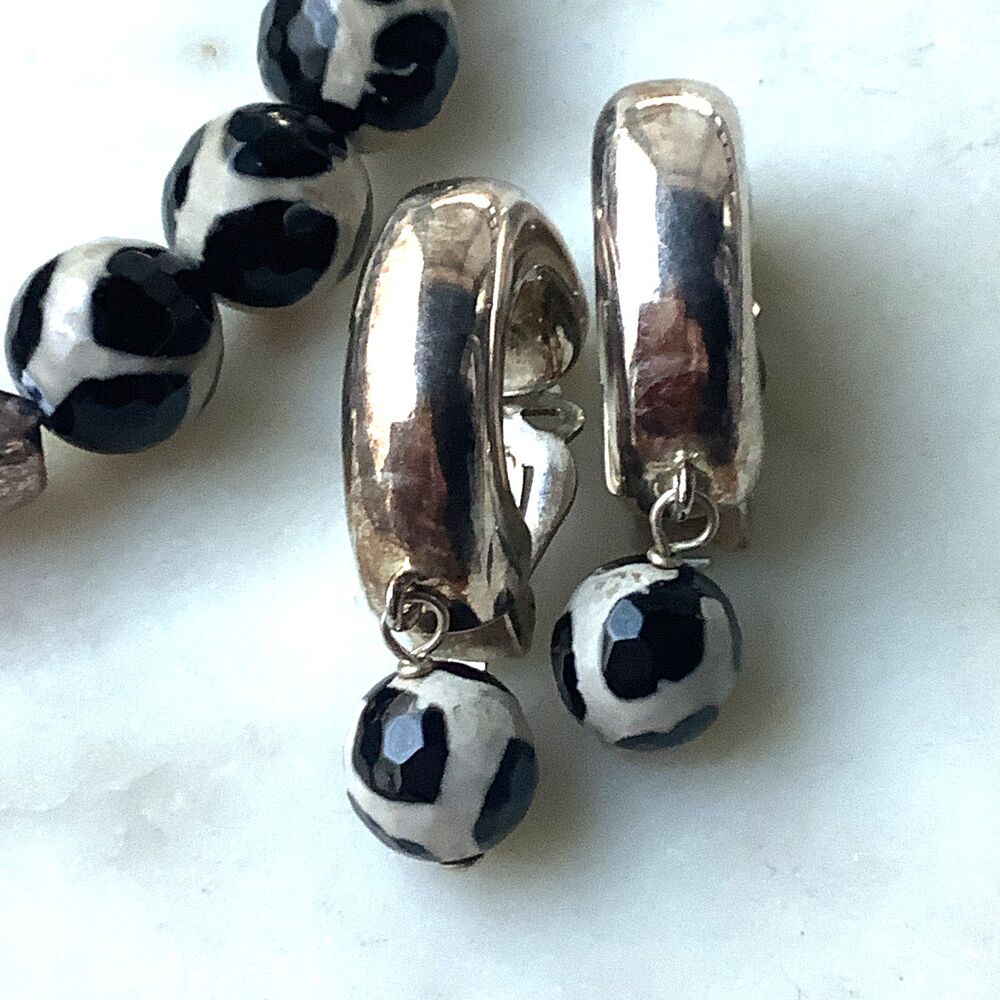 Sterling Giraffe Agate Earrings Stretch Bracelet 925 Silver Black White Stones - Picture 6 of 13